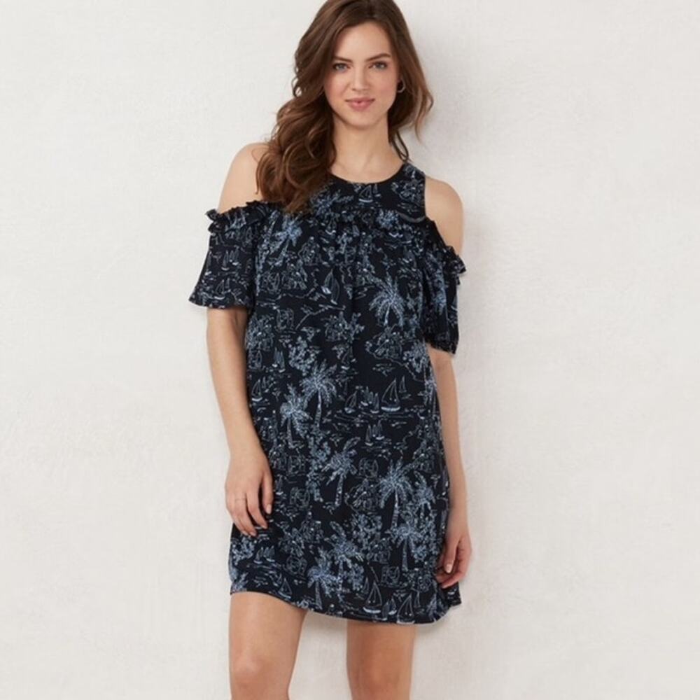 LC Lauren Conrad Navy Blue Palm Print Cold Ruffle Shoulder Shift Dress